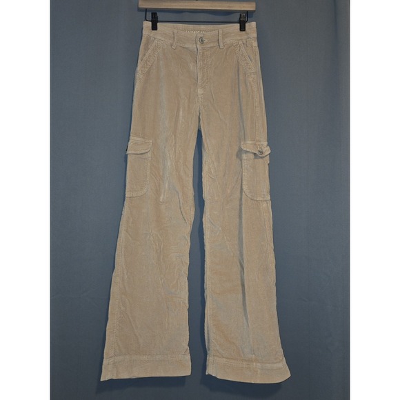 American‎ Eagle Tan Beige High Rise Baggy Wide Leg Corduroy Cargo Pants Size 0 - Picture 1 of 4